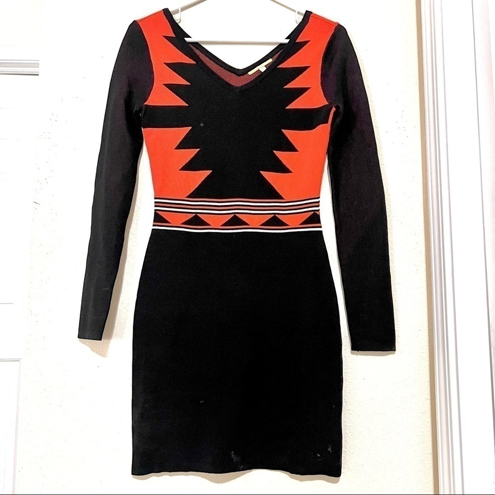 Gianni Bini Aztec Black Orange long sleeve Bodycon knit mini dress womens XS